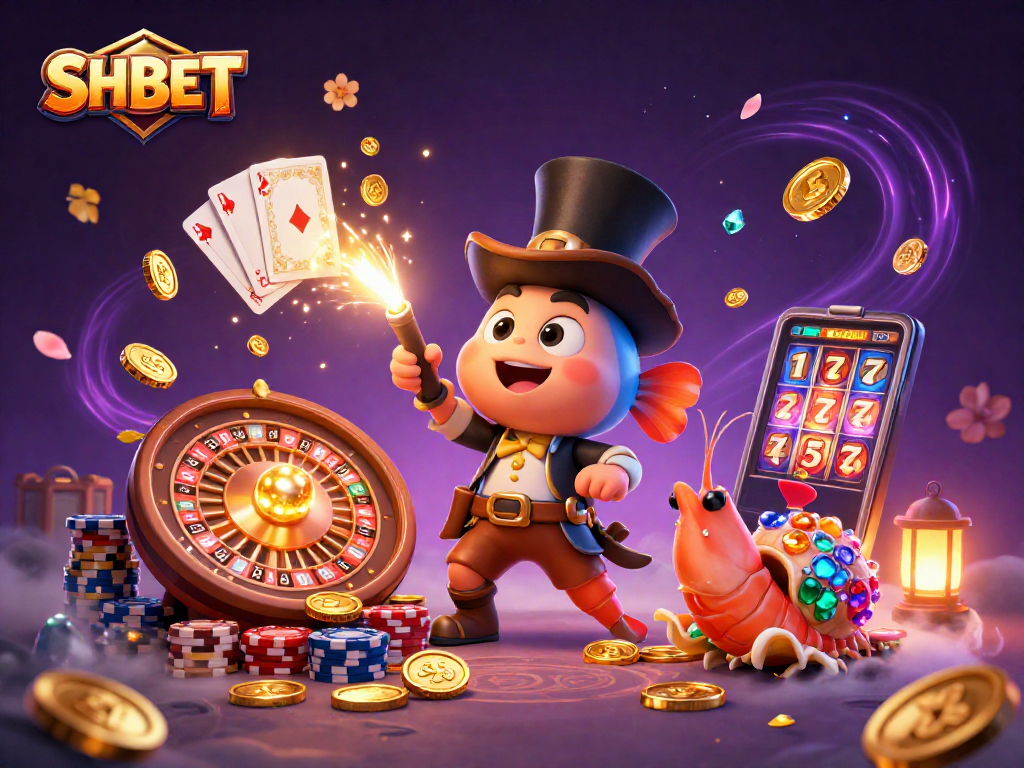 Experience SHBET's thrilling casino adventure with vibrant characters and gold coins in an engaging 3D scene.