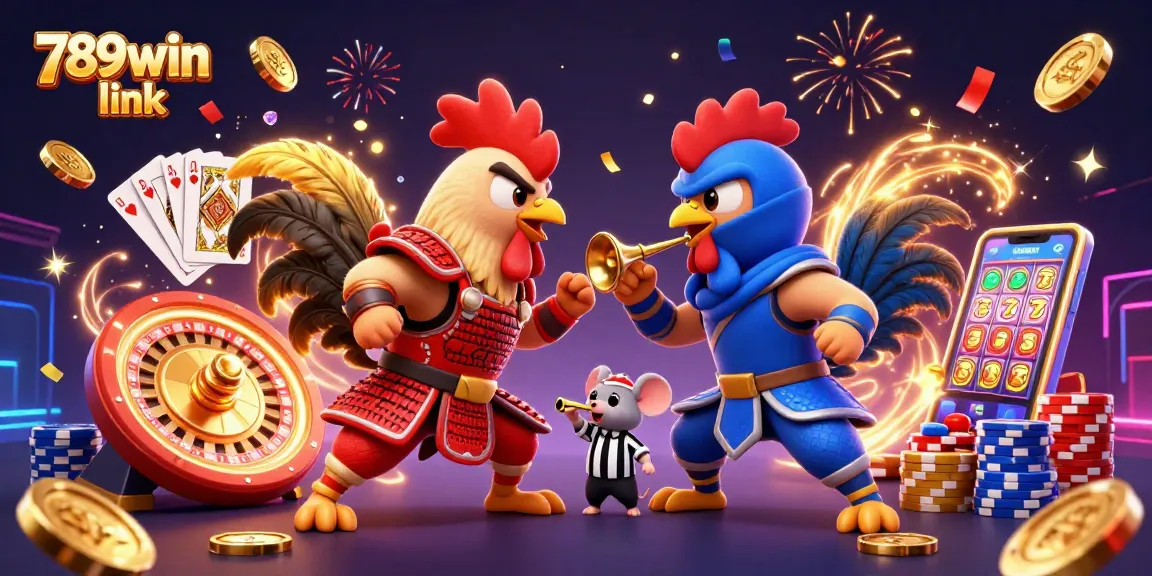 Action-packed 3D scene showcasing the 789win link with fighting roosters, exciting casino elements, and vibrant details.