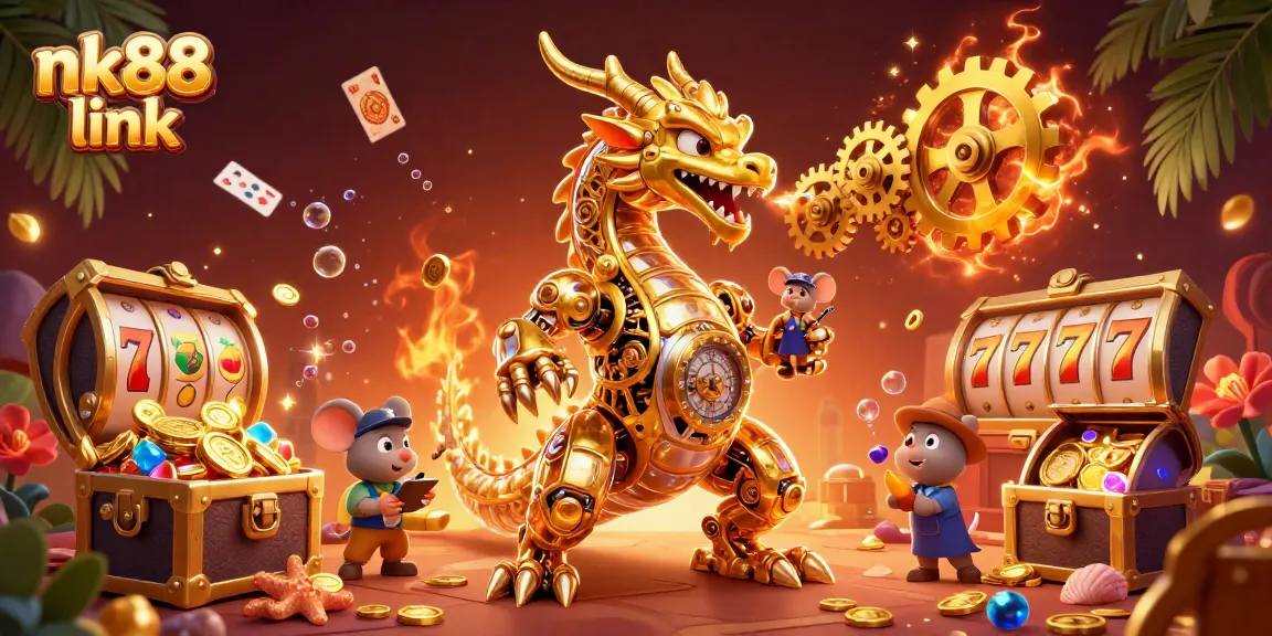 Engage in exciting treasures with nk88 link, featuring a golden dragon and thrilling slot elements.