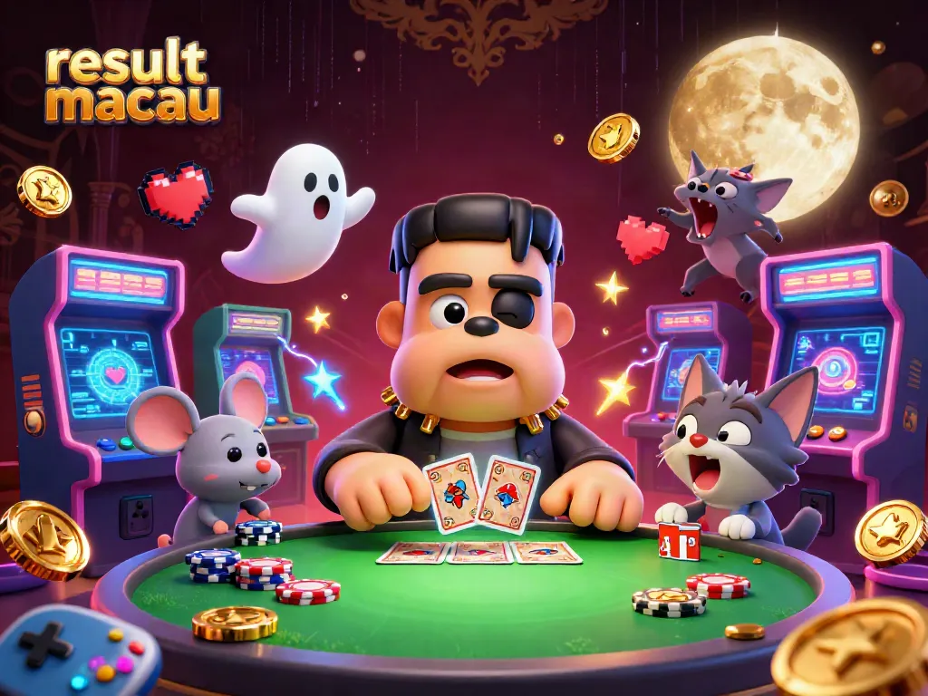 Melihat hasil togel dari result macau dengan suasana kasino yang menarik dan karakter unik.