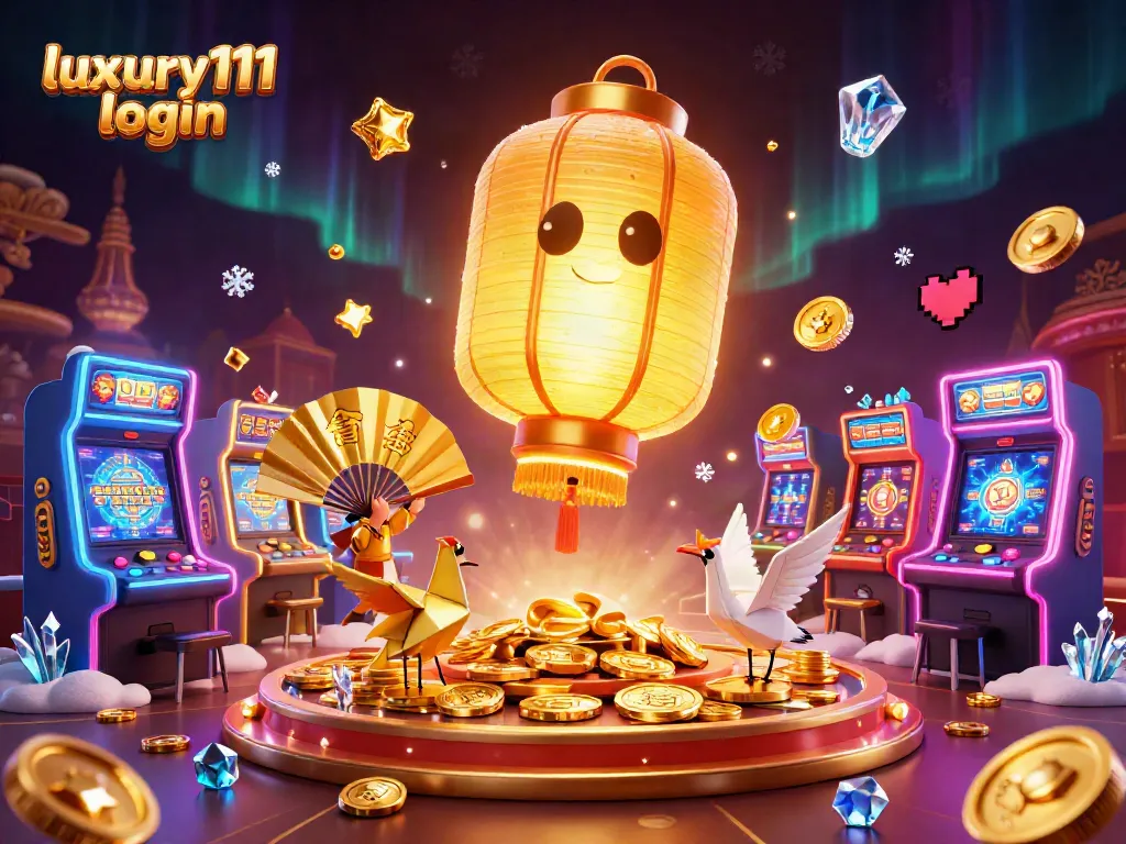 Join the excitement with luxury111 login at a vibrant casino scene filled with slot machines and lucky symbols.