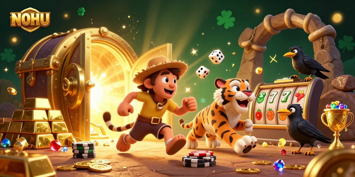 Experience the exciting NOHU casino adventure with a vibrant 3D caveman and sabertooth duo.