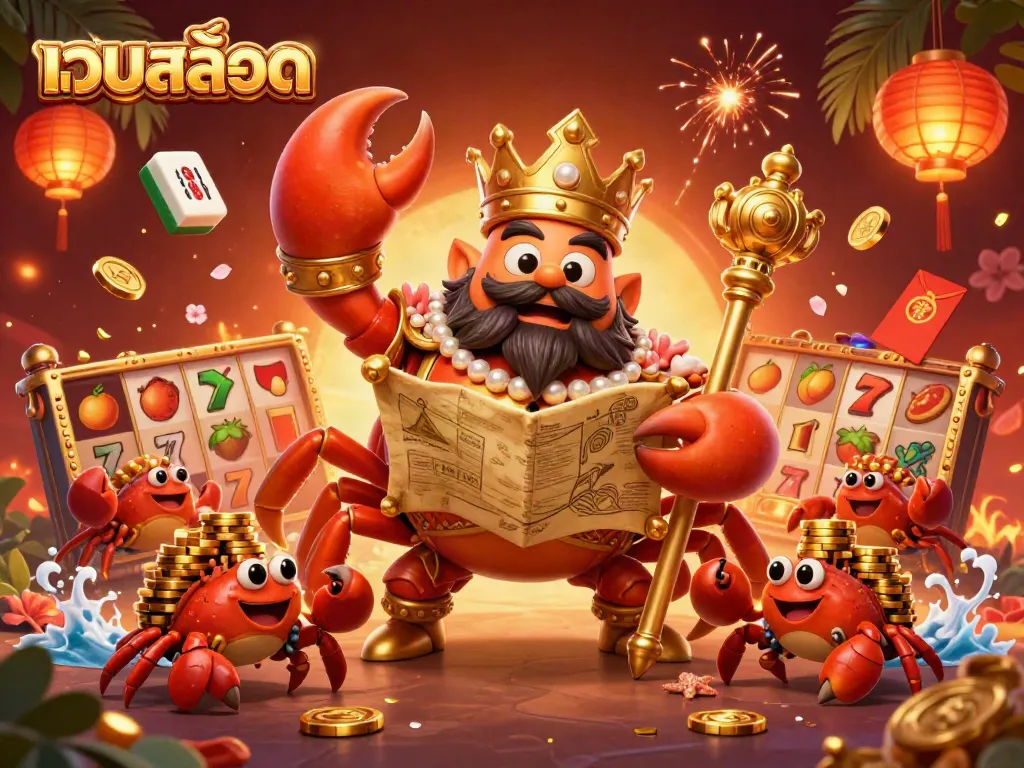 Immerse in the thrilling เว็บสล็อต world as 3D crab emperor oversees a vibrant game scene with dynamic slot reels and golden treasures.