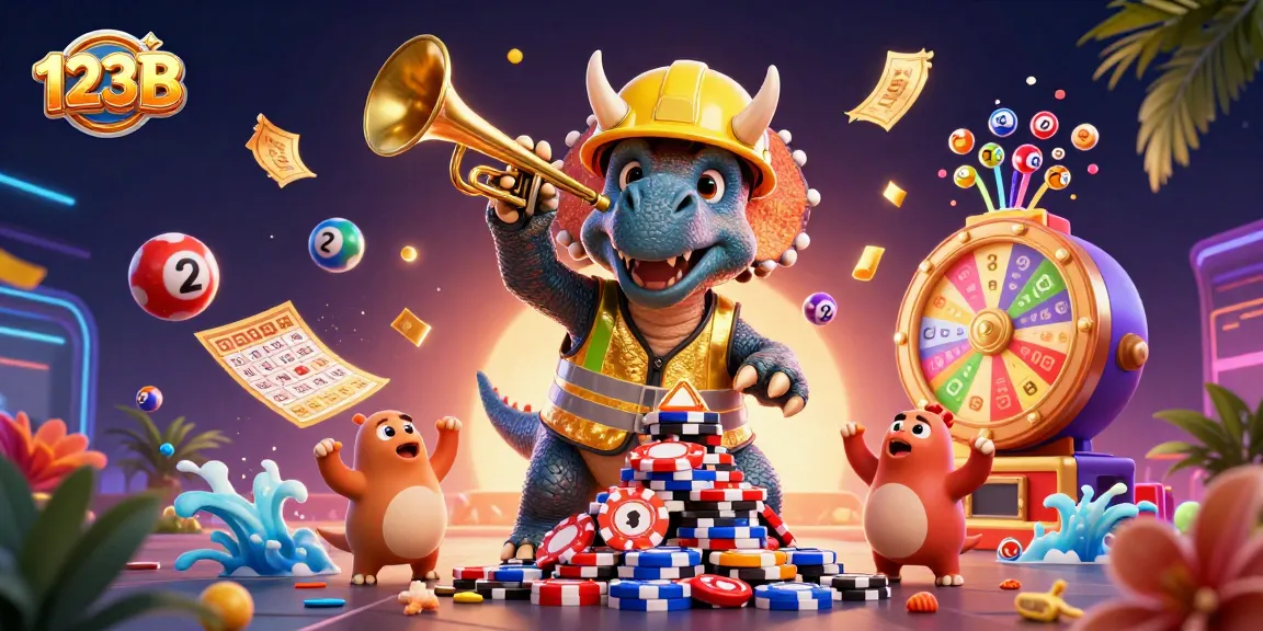 Join the fun at 123B with a lively triceratops building poker chip pyramids as lottery balls bounce joyfully.