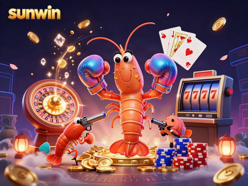 Engage with thrilling games at sunwin, featuring vibrant cartoon characters, coins, and glowing atmospheric effects.