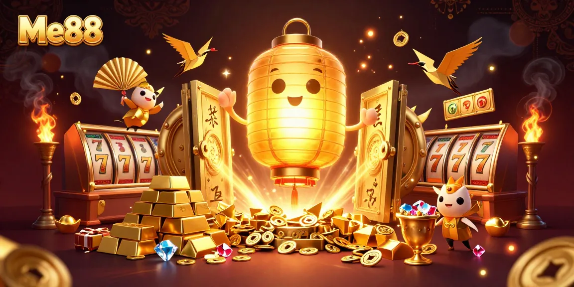 Win big with Me88 as a giant lantern spirit and golden treasures illuminate the casino.