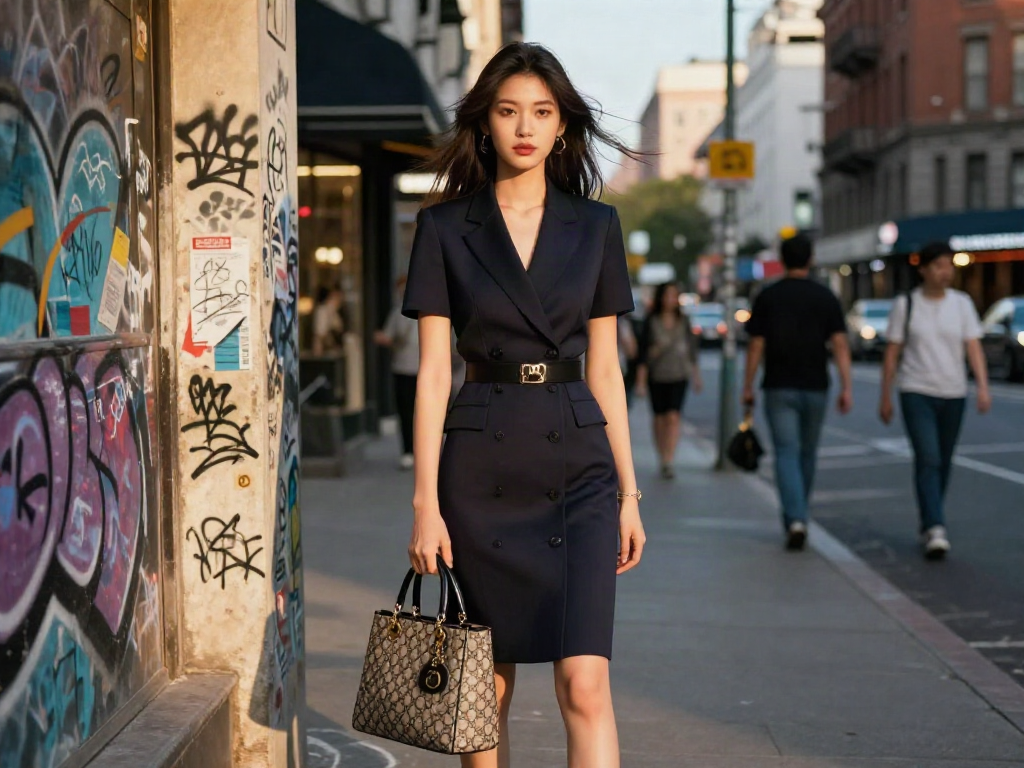 Model stylish dalam pakaian luxury111 di jalanan kota yang hidup.