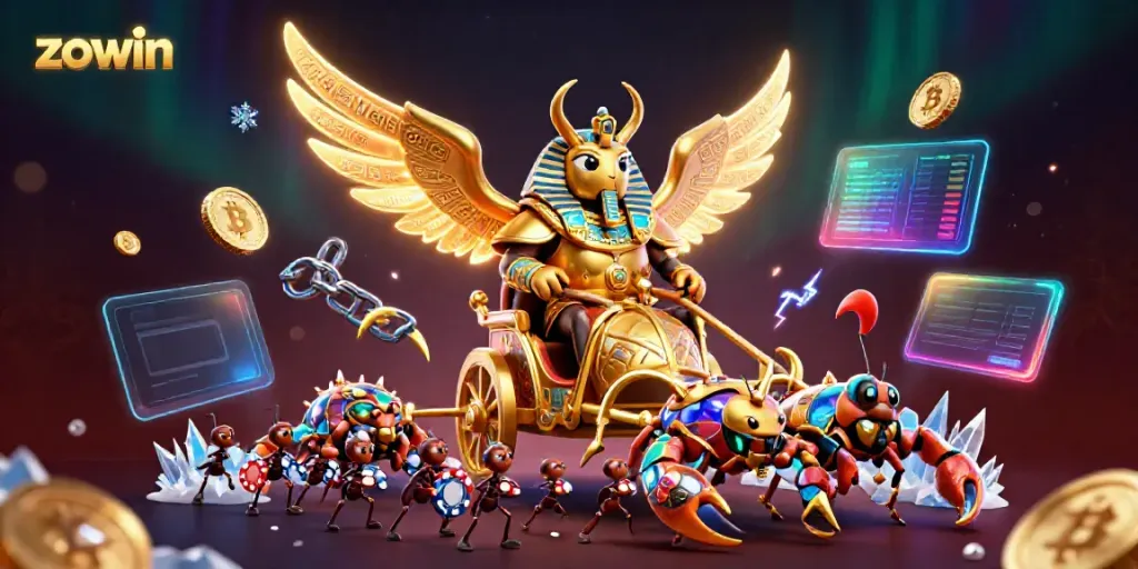 Experience the excitement of Zowin with a vibrant illustration of games, coins, and characters in action.