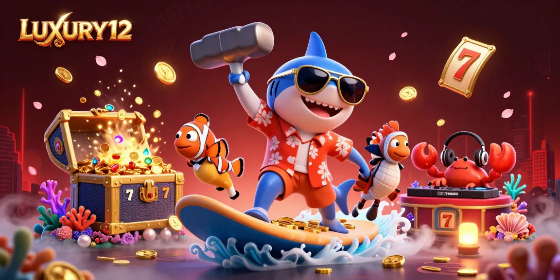 LUXURY12 players spin the slot reels surrounded by a vibrant underwater scene of winning coins and characters.