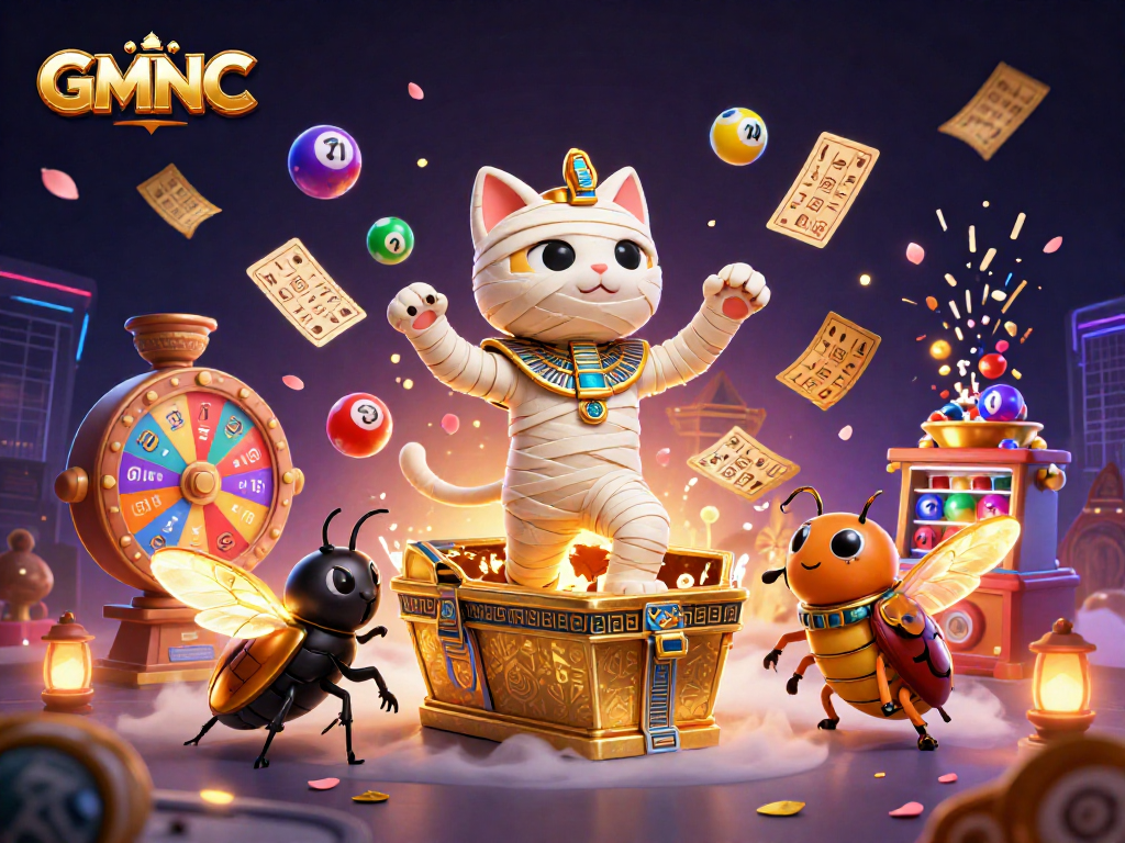 Experience thrilling gaming with GMNC featuring a mummy cat and vibrant casino elements.