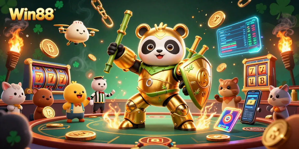 Experience the excitement of Win88 in a vibrant casino arena with animated characters and crypto elements.
