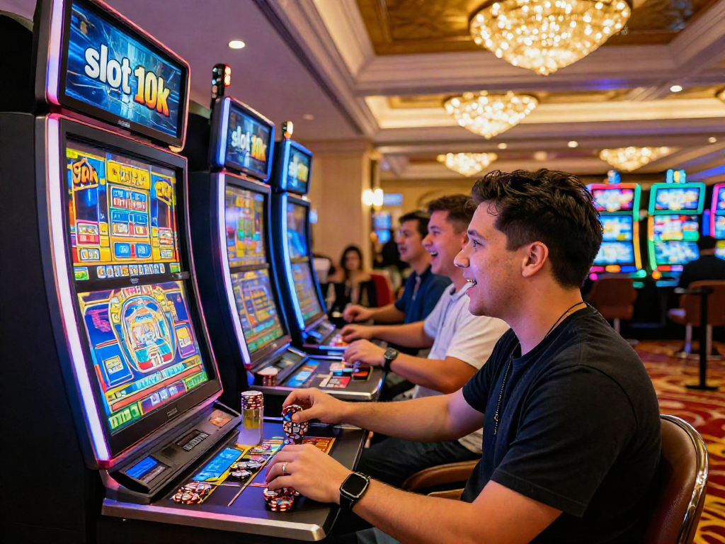 Exciting player at a slot 10k machine in a vibrant casino setting, chips on the table and colorful lights.
