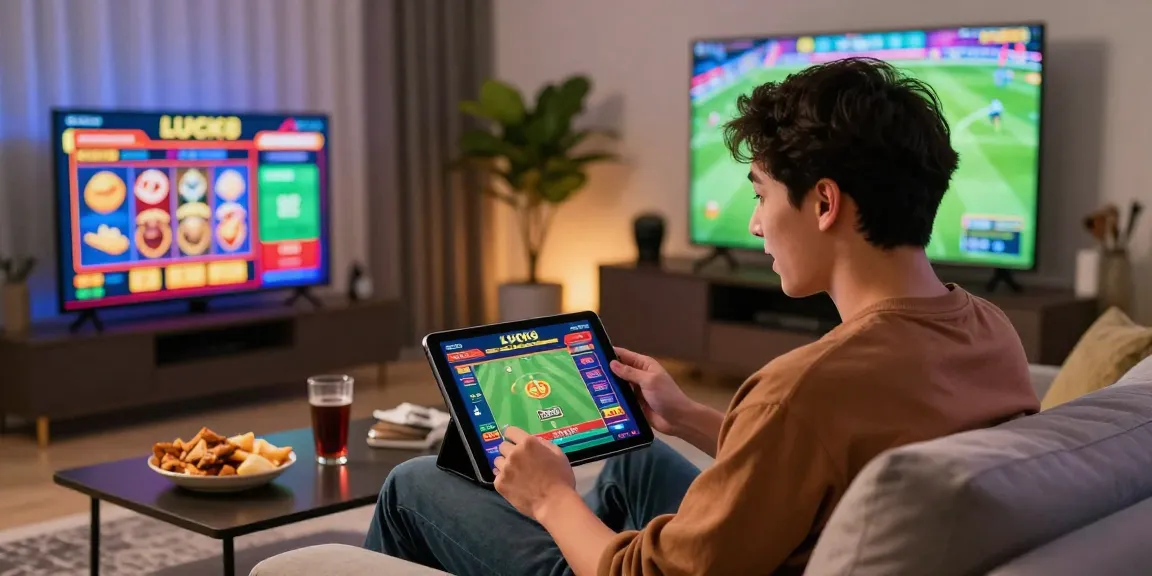 LUCK8 user enjoying live casino gaming on a tablet amidst vibrant graphics and a cozy setting.