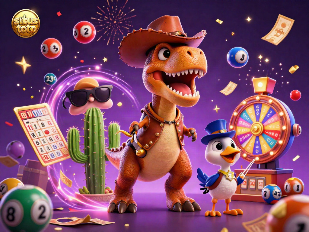 Experience excitement with situs toto in a lively lottery scene featuring a T-Rex cowboy and whimsical friends.