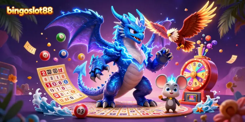 Mainkan bingoslot88 dengan karakter menarik dan elemen permainan seperti bola lotere dan kartu bingo.