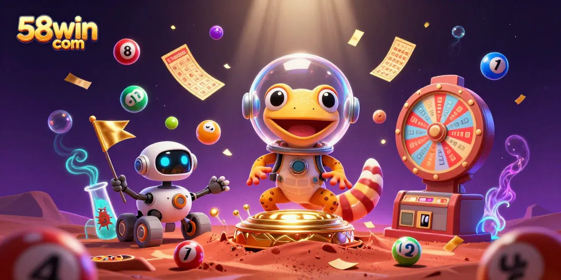 Engage with 58win com's thrilling casino adventure featuring colorful lottery elements and an alien gecko.