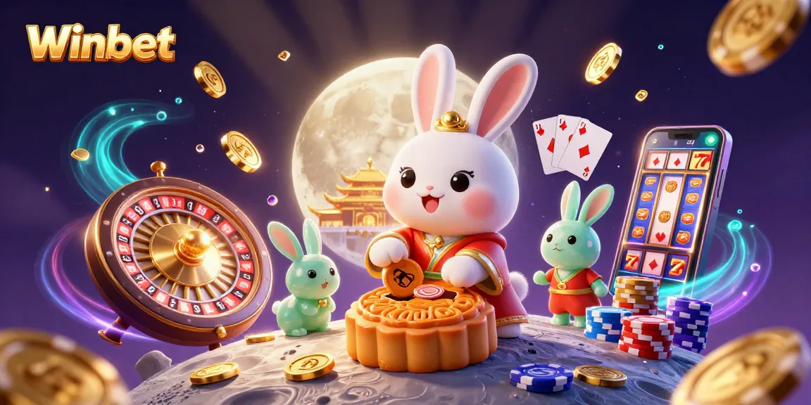 Winbet's moon rabbit features golden mooncakes revealing poker chips amidst dynamic casino elements.