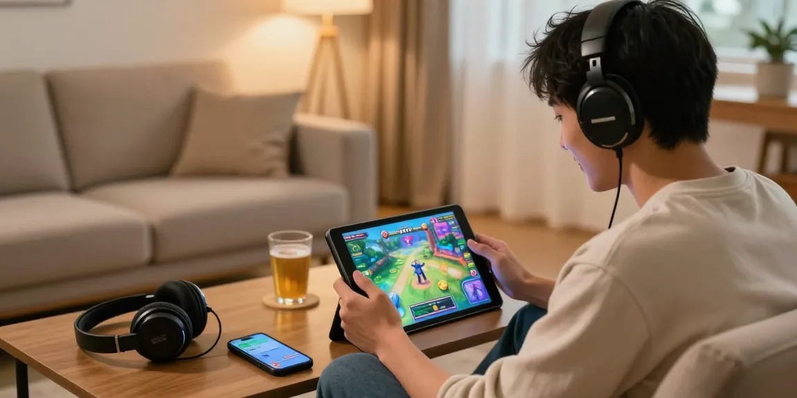 Engaged player enjoying gameplay on 3 Patti Blue tablet in cozy living room.