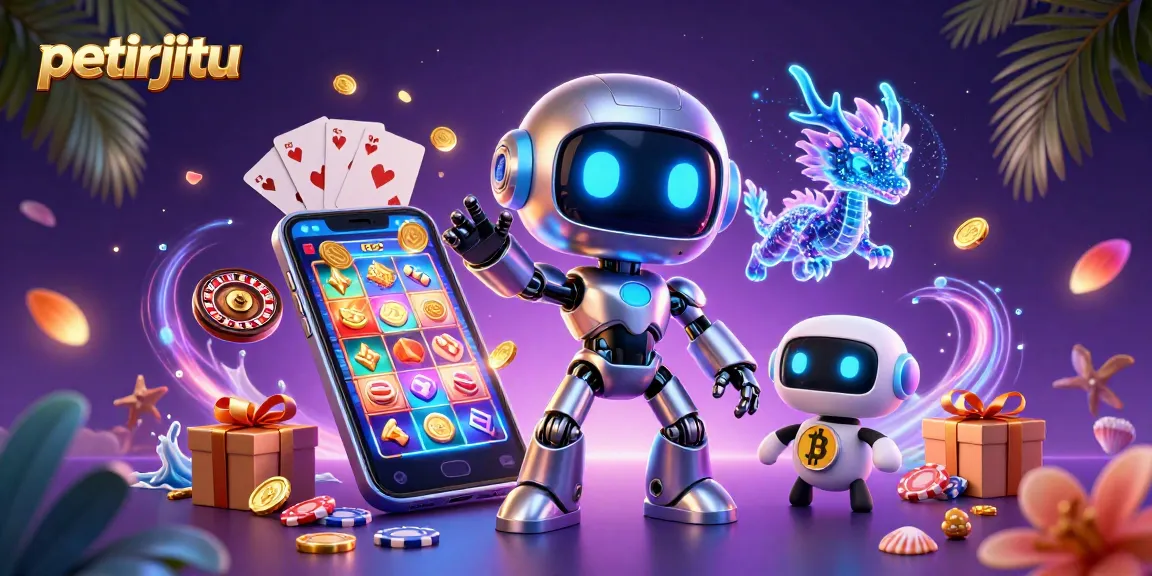 Permainan menarik di petirjitu dengan simbol kasino digital, robot futuristik, dan harta karun.