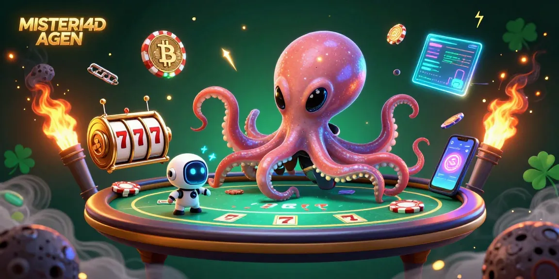 MISTERI4D AGEN features an alien octopus at a holographic poker table amidst vibrant casino elements.