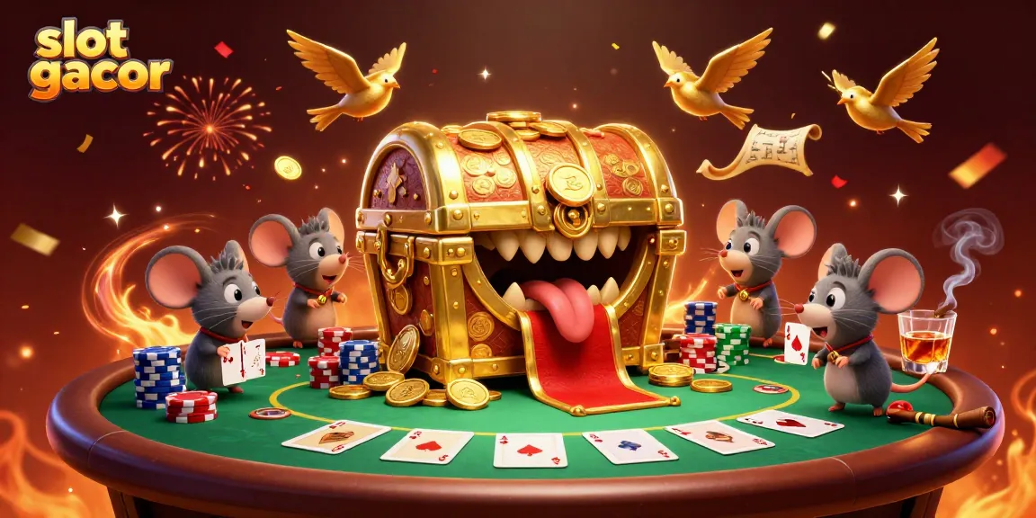 Menyaksikan slot gacor dengan karakter peta gulung dan peti harta yang menggoda, penuh warna dan detail.