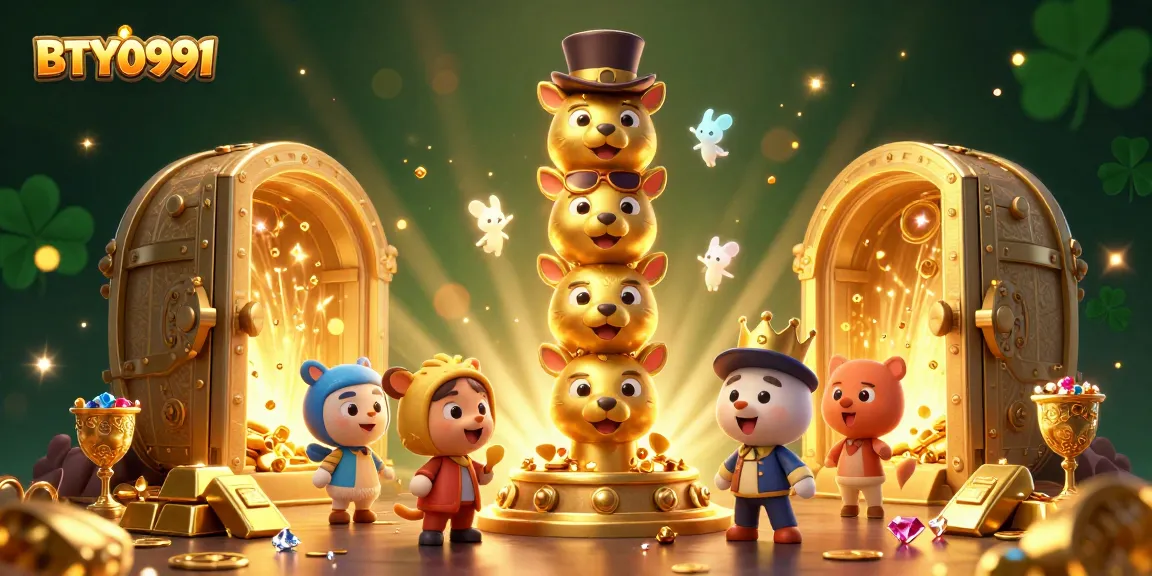 Experience vibrant winnings with BTY0991 in this animated casino scene featuring gold treasures.