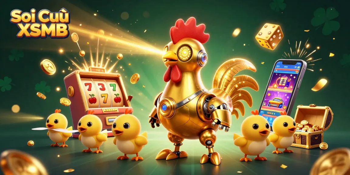 Soi Cầu XSMB illustration showcasing dynamic casino elements and a futuristic rooster character engaging with vibrant game symbols.