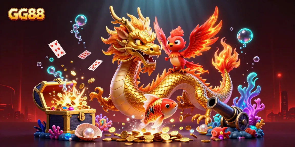 Experience the thrill of winning with GG88's fantasy realm featuring a golden dragon and koi fish.