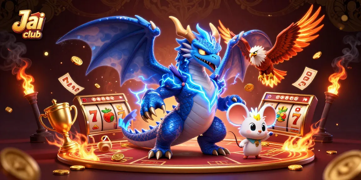Win exciting rewards with thrilling games on Jai club's animated illustration, featuring dynamic characters and gaming elements.