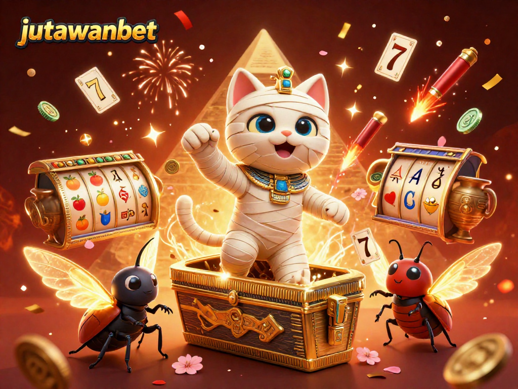 Experience the thrilling action of jutawanbet with an Egyptian mummy cat and golden casino elements.