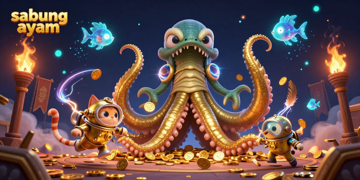 Engage in sabung ayam action as a colossal kraken and diving cat energize the fighting arena.
