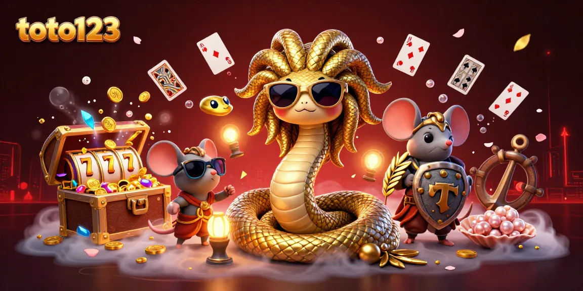 Engage in thrilling gameplay at toto123 with playful Medusa and winning elements surrounding a vibrant casino scene.