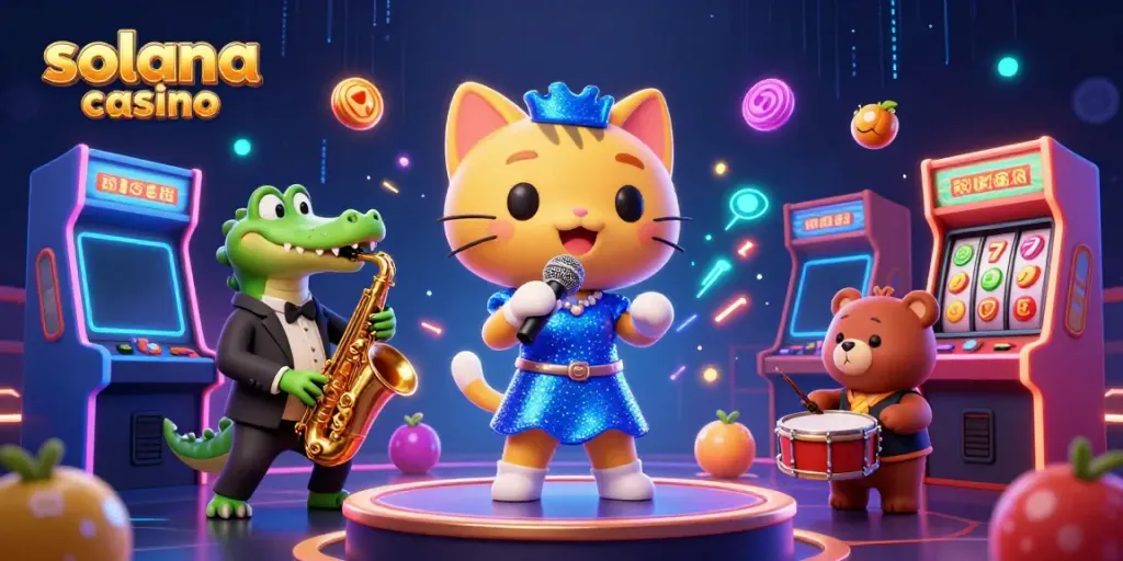 Engage in the lively atmosphere of a solana casino featuring a jazz-singer cat, saxophone crocodile, and a drum-playing bear cub.