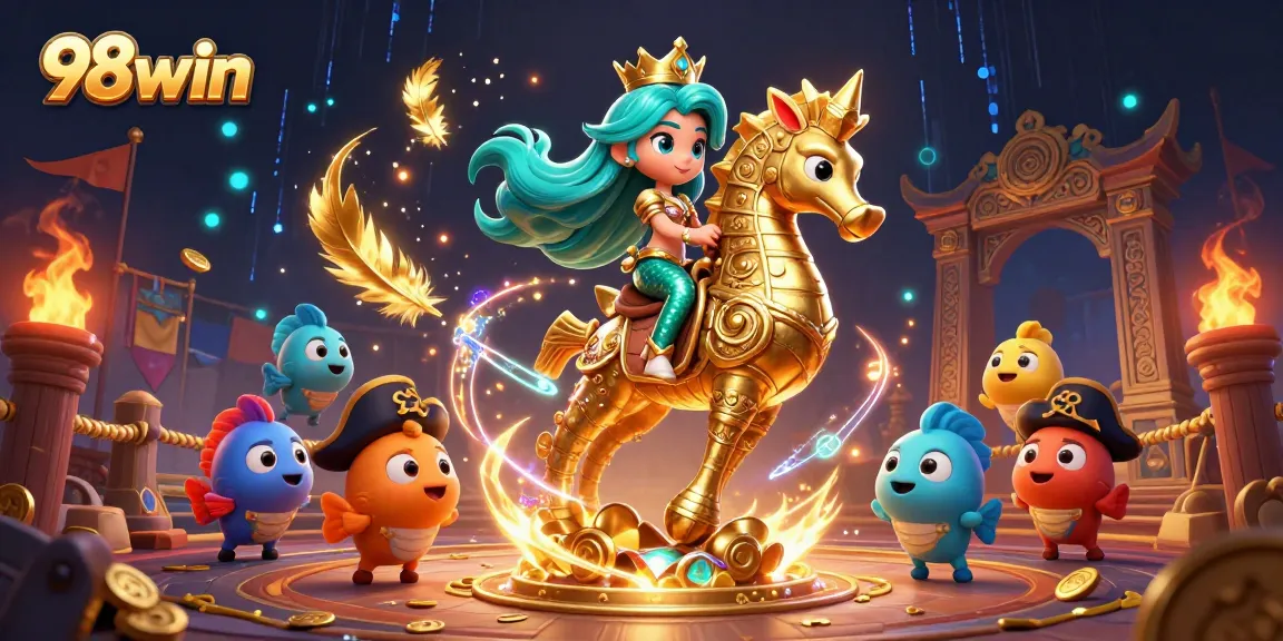 Experience thrilling gaming at 98win with colorful characters and dynamic casino elements in an engaging scene.