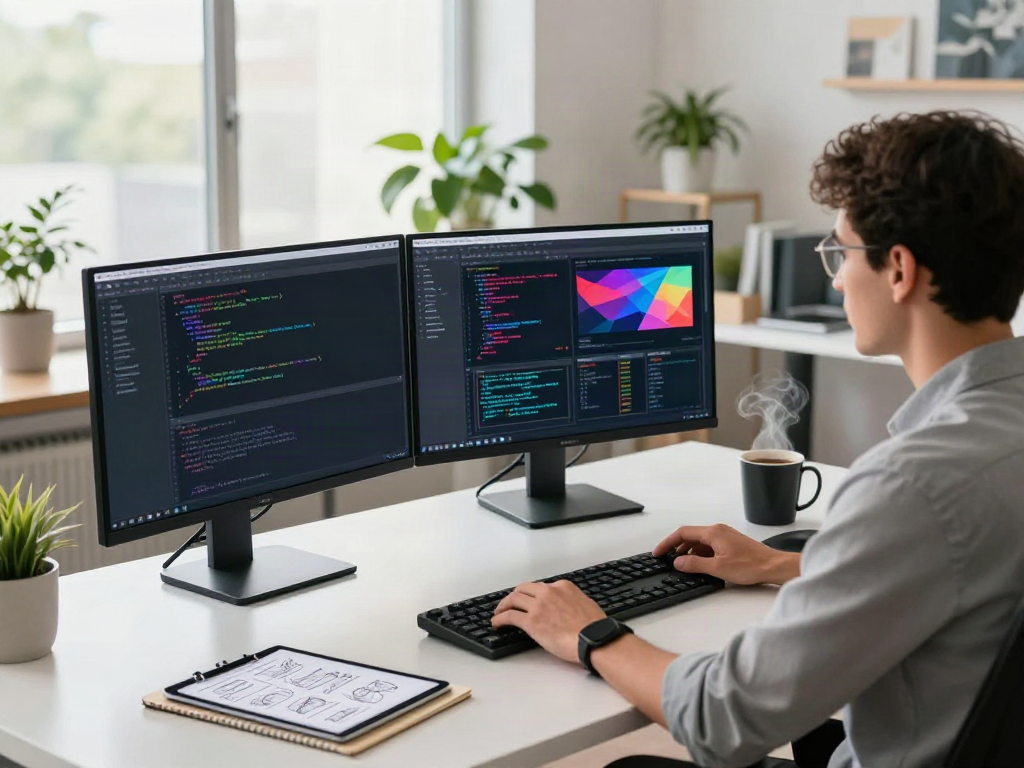 A developer coding on dual monitors in a tech-inspired workspace, highlighting the A80 homepage concept with interactive design elements.