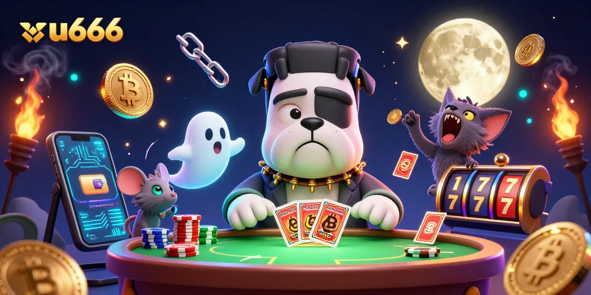 Engage with uu666's thrilling casino experience showcased by a cartoon bulldog dealer and ghostly elements.