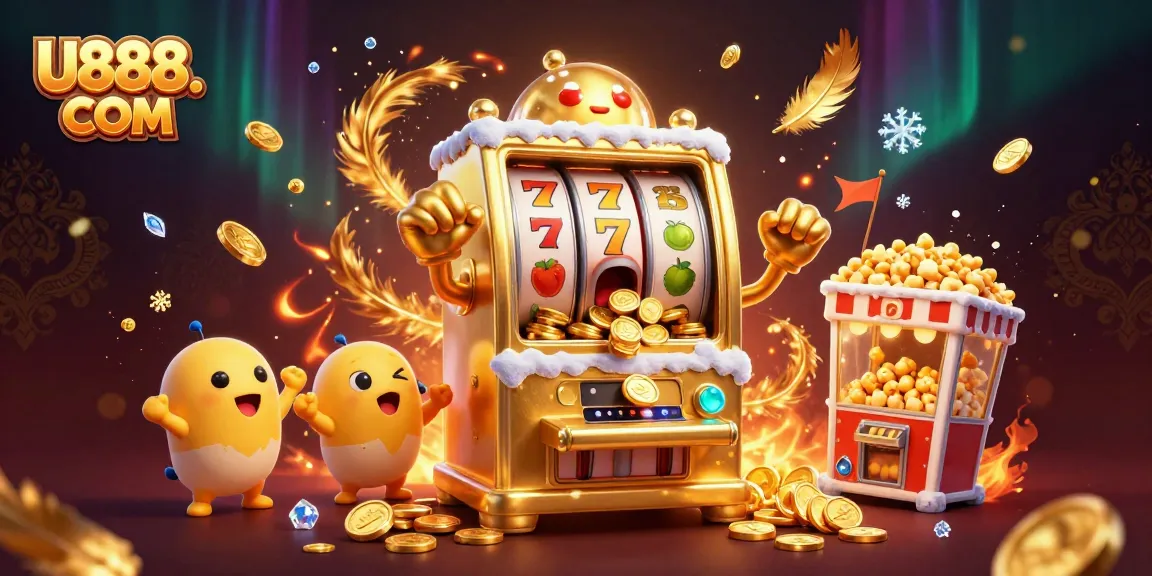 Experience the thrill of U888. COM as a golden slot machine hits a jackpot with coins pouring out!