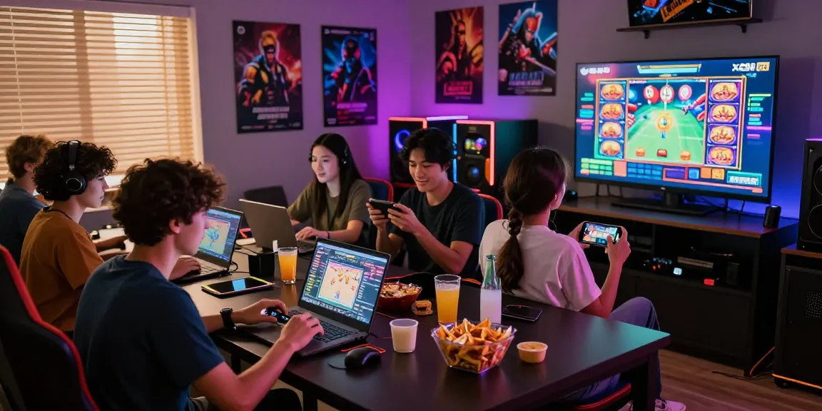 Group enjoying XE88 APK gaming experience in vibrant lounge setting