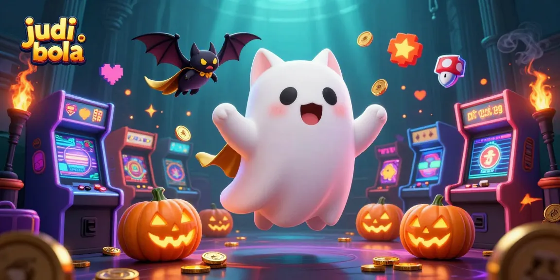 Experience judi bola excitement with a friendly ghost cat and a vampire bat in a vibrant, haunted casino.