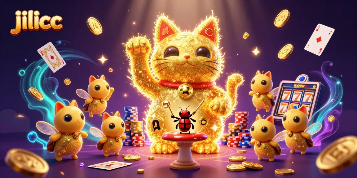 Experience thrilling gaming action at jilicc with a golden lucky cat surrounded by casino delights!