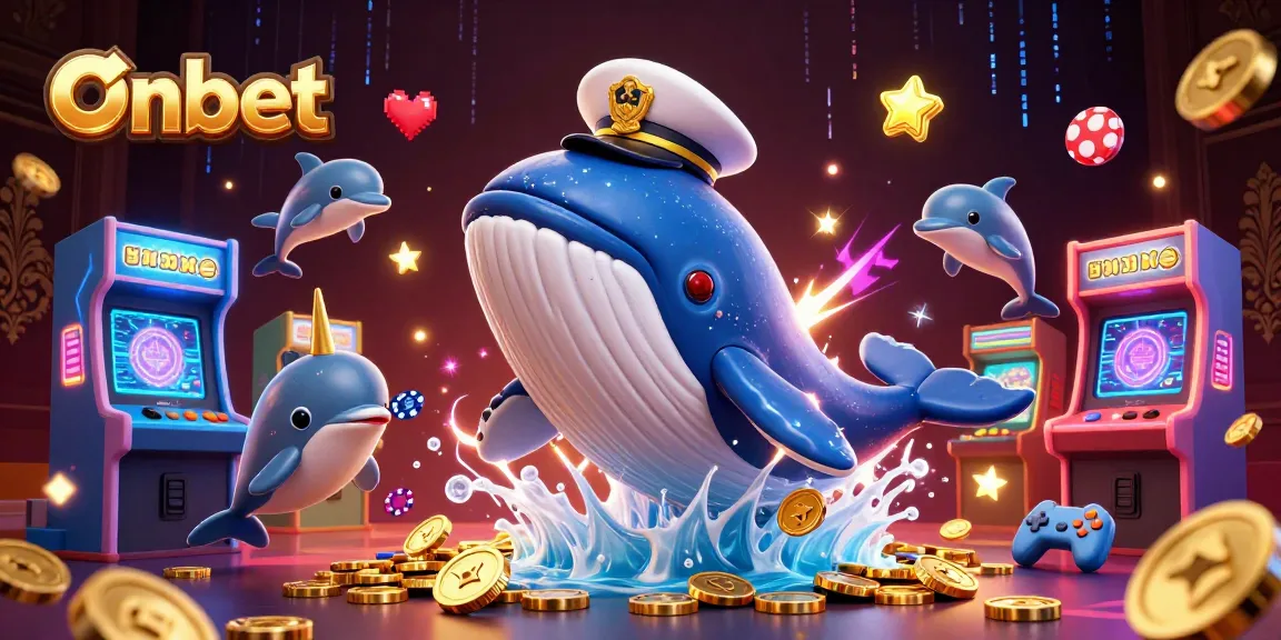 Experience thrilling gaming at Onbet with playful dolphins, a giant whale, and coins.