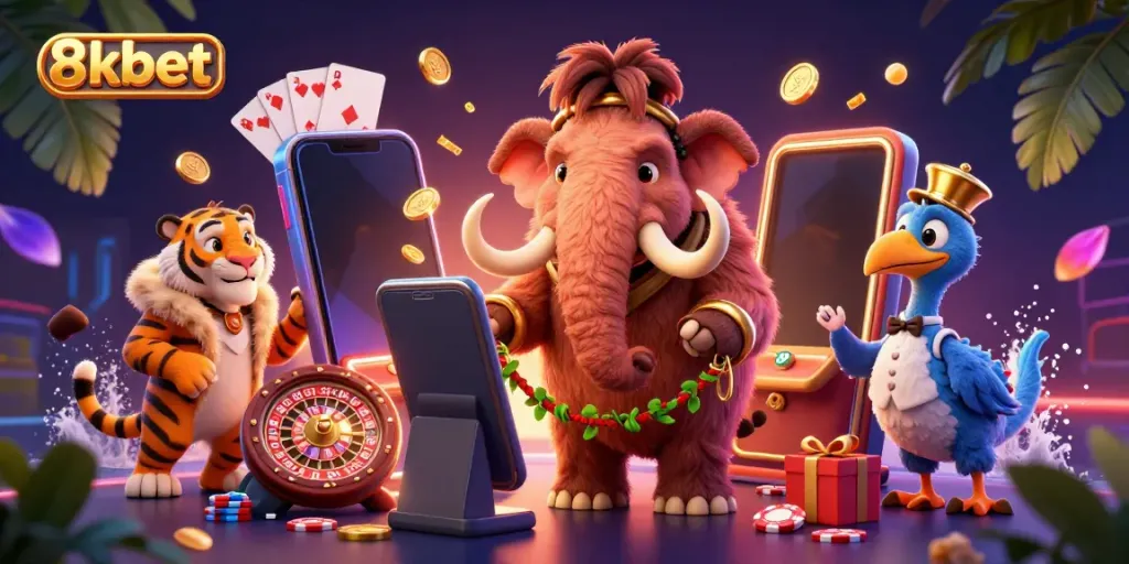 Experience VIP access at 8kbet with a vibrant casino scene featuring unique characters and dynamic games.