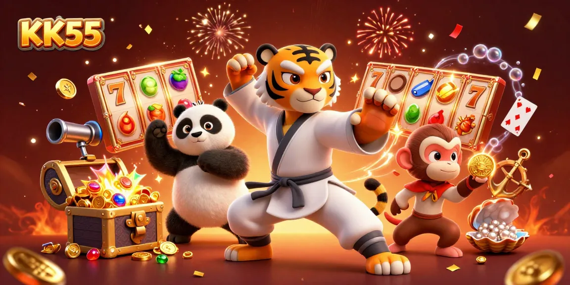 Engage with KK55's vibrant casino games featuring a kung fu master in action.