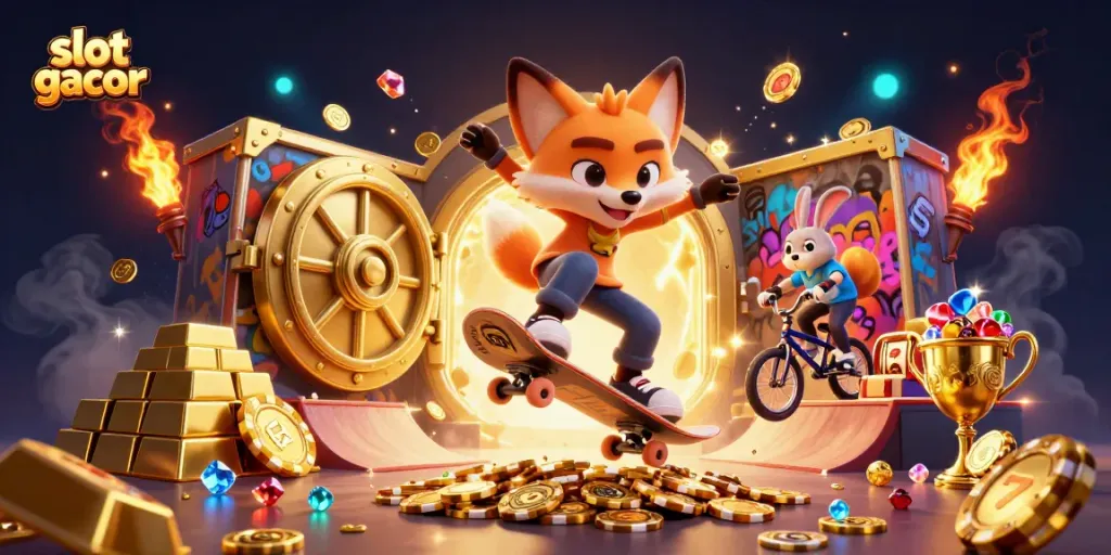 Ilustrasi slot gacor menampilkan karakter kartun dalam suasana kasino yang kaya.