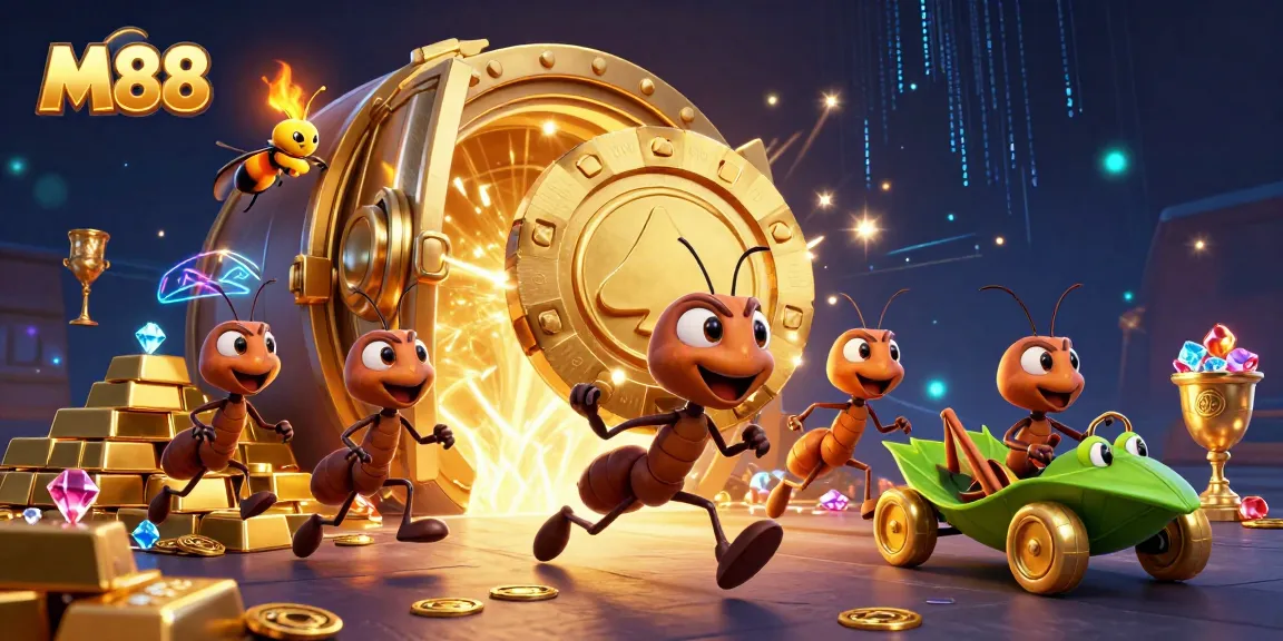 M88 enhances your play with a vibrant heist scene featuring ants and a glowing poker chip, rich in colorful casino elements.