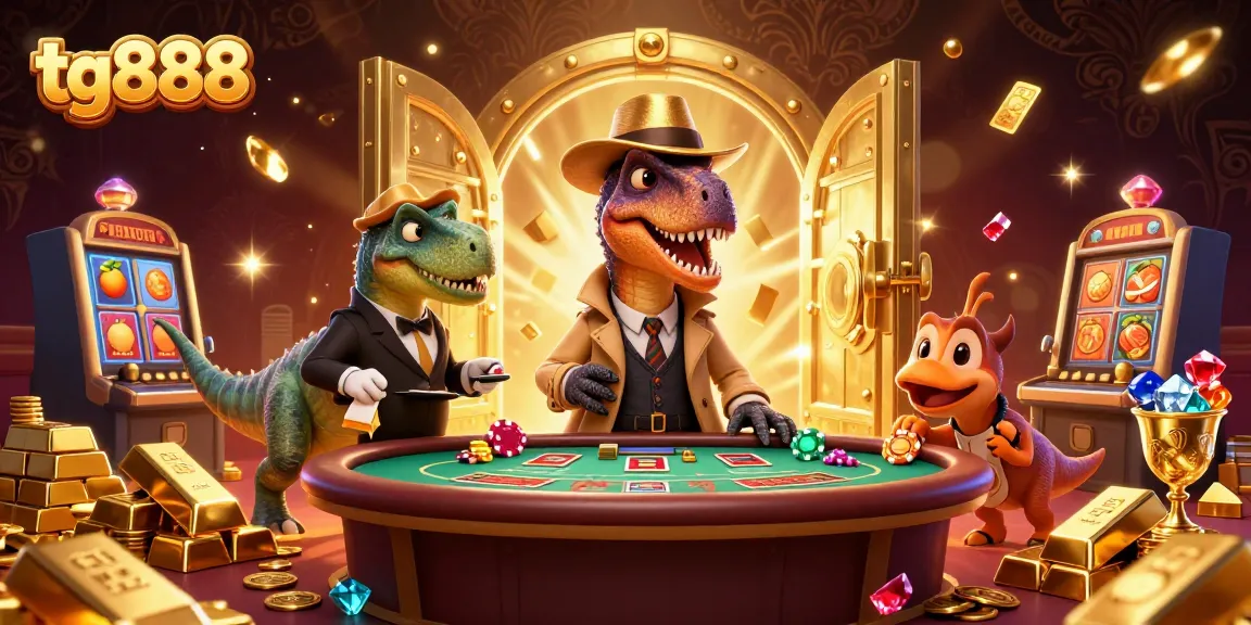 Experience tg888 excitement at a lively blackjack table with flashy gold treasures, animated characters, and dynamic gameplay.