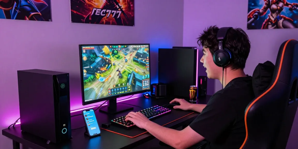 Player engaged in ec777 game with vibrant gaming setup and accessories.